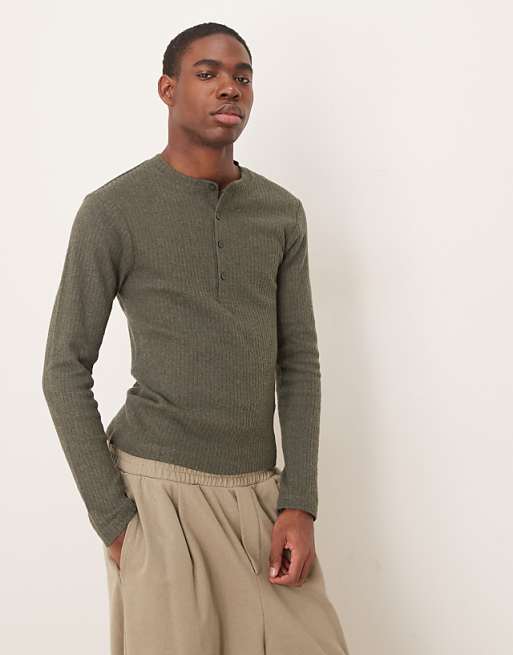 asos ASOS DESIGN muscle fit boxy brushed rib sweatshirt with henley neck in khaki