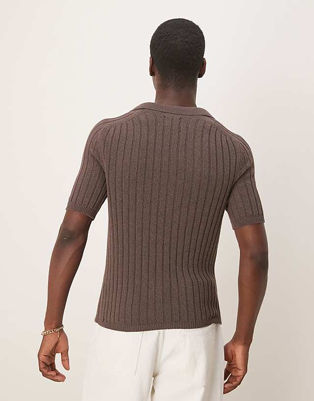 Asos ASOS DESIGN Muscle Fit Boxy Knitted Rib Polo In Brown