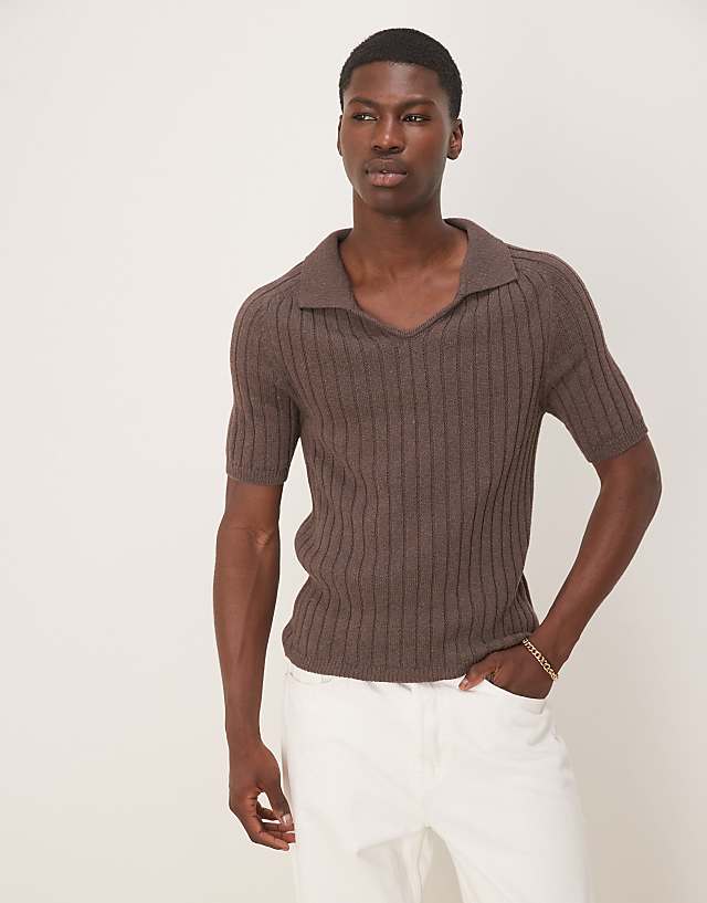 Asos ASOS DESIGN Muscle Fit Boxy Knitted Rib Polo In Brown