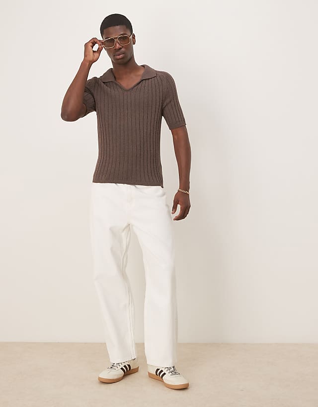 Asos ASOS DESIGN Muscle Fit Boxy Knitted Rib Polo In Brown