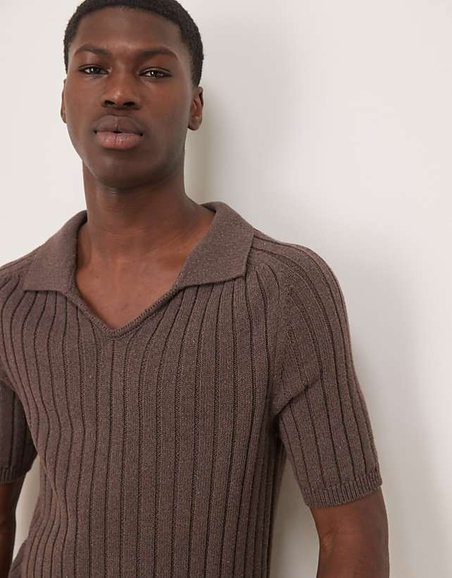 asos ASOS DESIGN muscle fit boxy knitted rib polo in brown