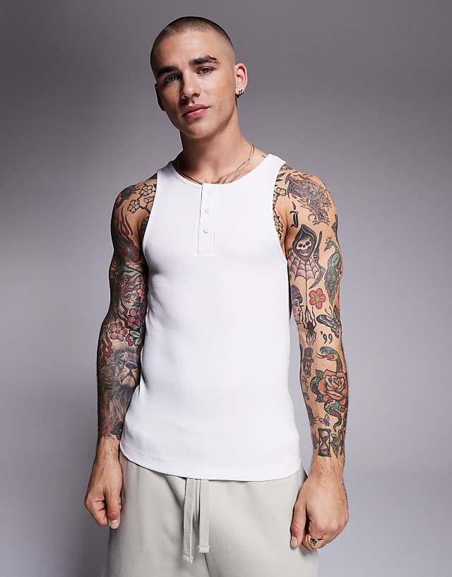 asos ASOS DESIGN muscle fit henley rib vest in white