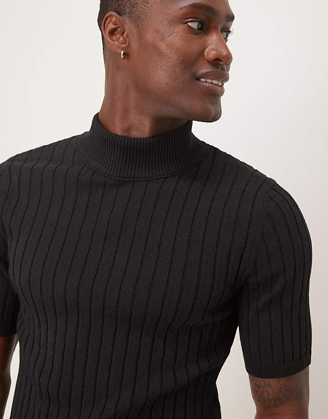 Asos ASOS DESIGN Muscle Fit Knitted Rib Turtle Neck T-shirt In Black