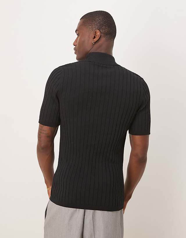 Asos ASOS DESIGN Muscle Fit Knitted Rib Turtle Neck T-shirt In Black