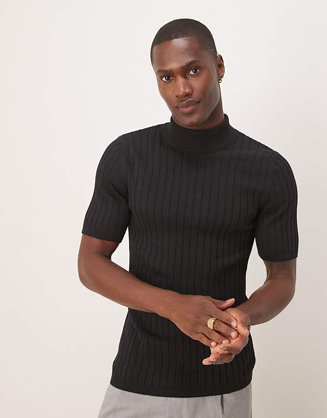 asos ASOS DESIGN muscle fit knitted rib turtle neck t-shirt in black
