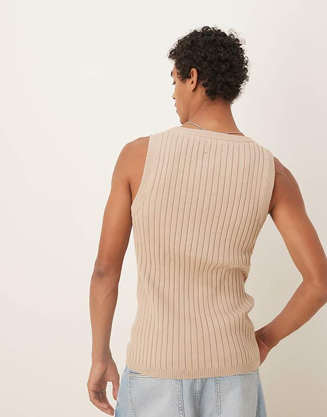 Asos ASOS DESIGN Muscle Fit Knitted Rib Vest In Stone