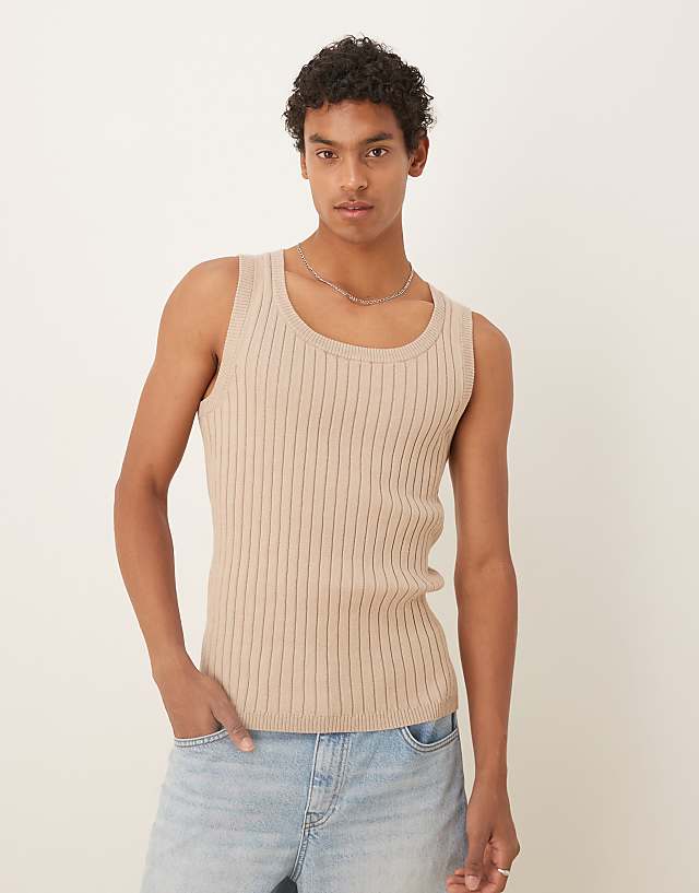 asos ASOS DESIGN muscle fit knitted rib vest in stone