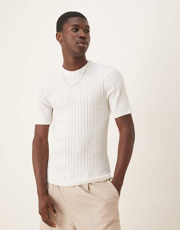 asos ASOS DESIGN muscle fit lightweight knitted rib t-shirt in white
