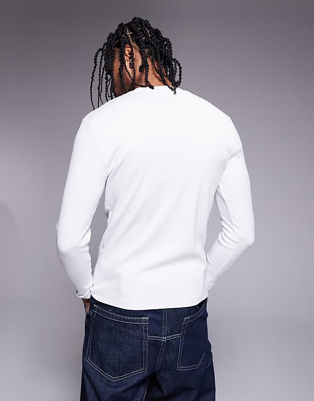 Asos ASOS DESIGN Muscle Fit Long Sleeve Rib T-shirt With Henley Neck In White
