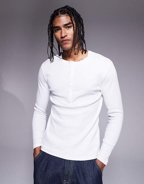 asos ASOS DESIGN muscle fit long sleeve rib t-shirt with henley neck in white