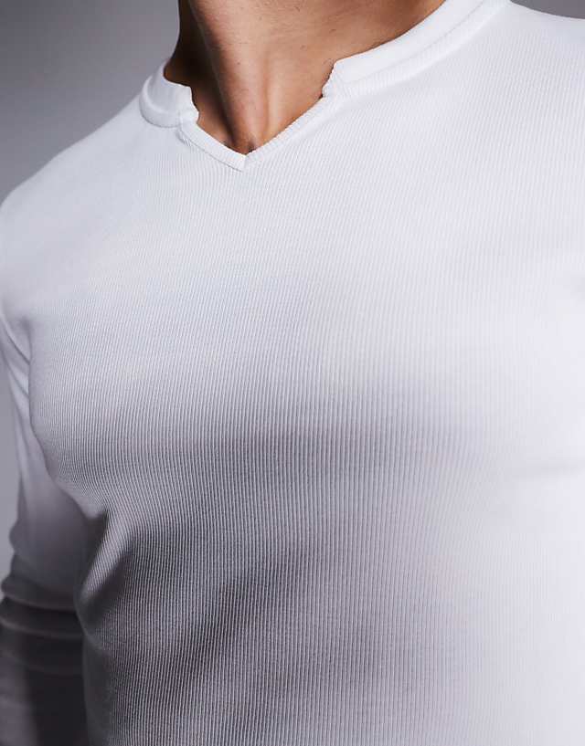 Asos ASOS DESIGN Muscle Fit Long Sleeve Rib T-shirt With Notch Neck In White