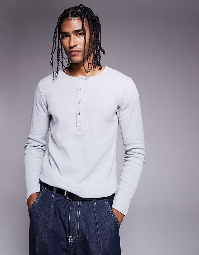 asos ASOS DESIGN muscle fit long sleeve rib t-shirt with henley neck in grey marl