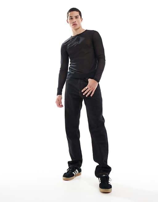 Asos ASOS DESIGN Muscle Fit Long Sleeve T-shirt In Black Mesh With Henley Neck