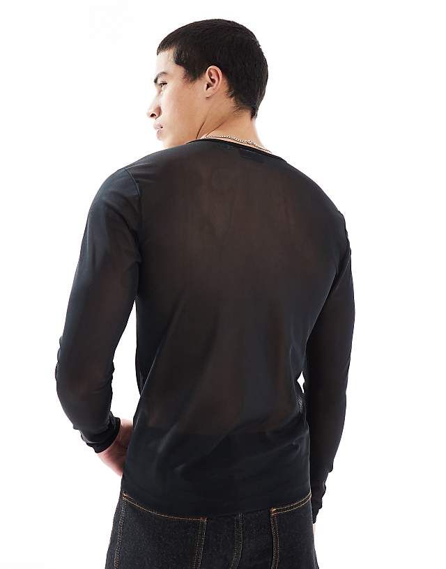 Asos ASOS DESIGN Muscle Fit Long Sleeve T-shirt In Black Mesh With Henley Neck