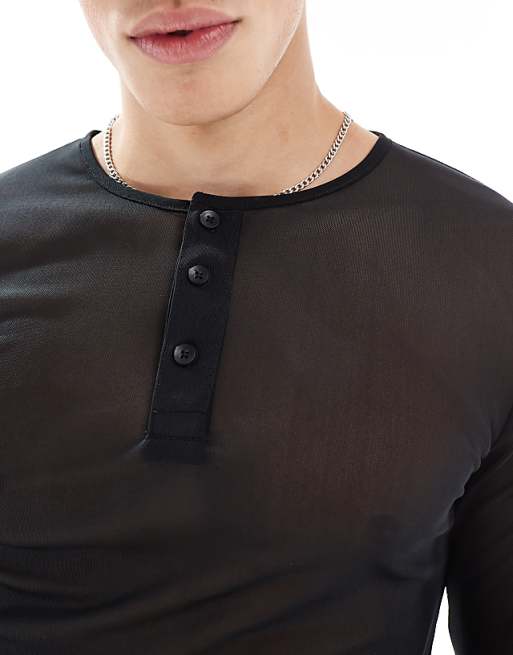 Asos ASOS DESIGN Muscle Fit Long Sleeve T-shirt In Black Mesh With Henley Neck