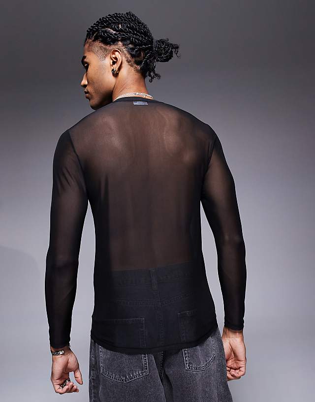 Asos ASOS DESIGN Muscle Fit Long Sleeve T-shirt In Black Mesh