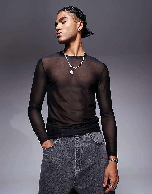 asos ASOS DESIGN muscle fit long sleeve t-shirt in black mesh