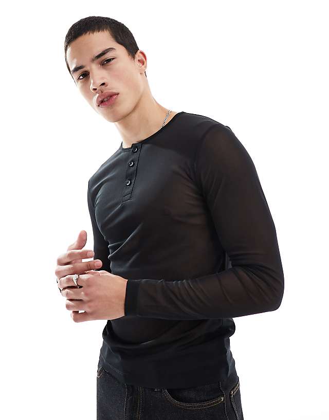 asos ASOS DESIGN muscle fit long sleeve t-shirt in black mesh with henley neck