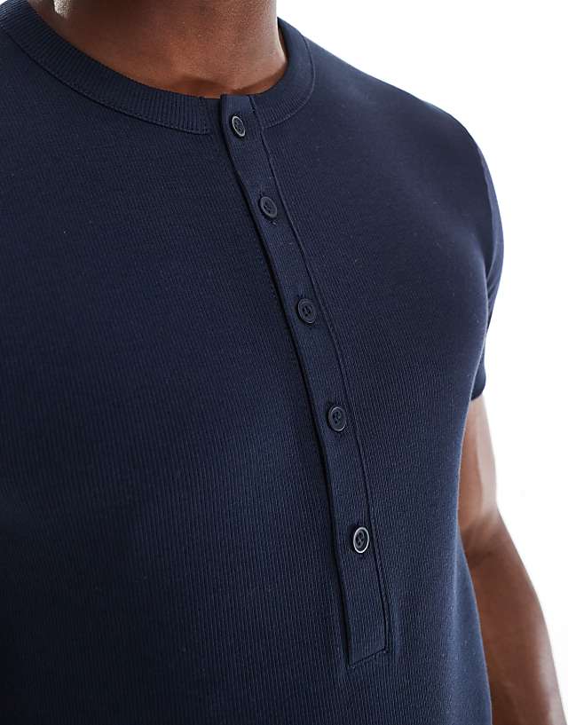 Asos ASOS DESIGN Muscle Fit Rib T-shirt With Henley Neck In Navy