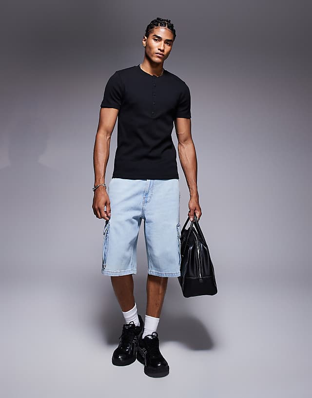 Asos ASOS DESIGN Muscle Fit Rib T-shirt With Henley Neck In Black