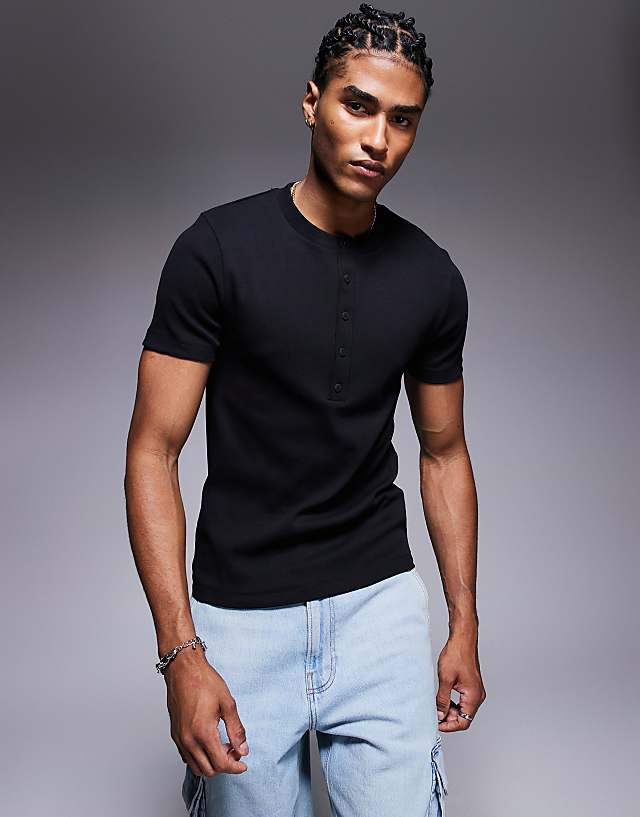 asos ASOS DESIGN muscle fit rib t-shirt with henley neck in black