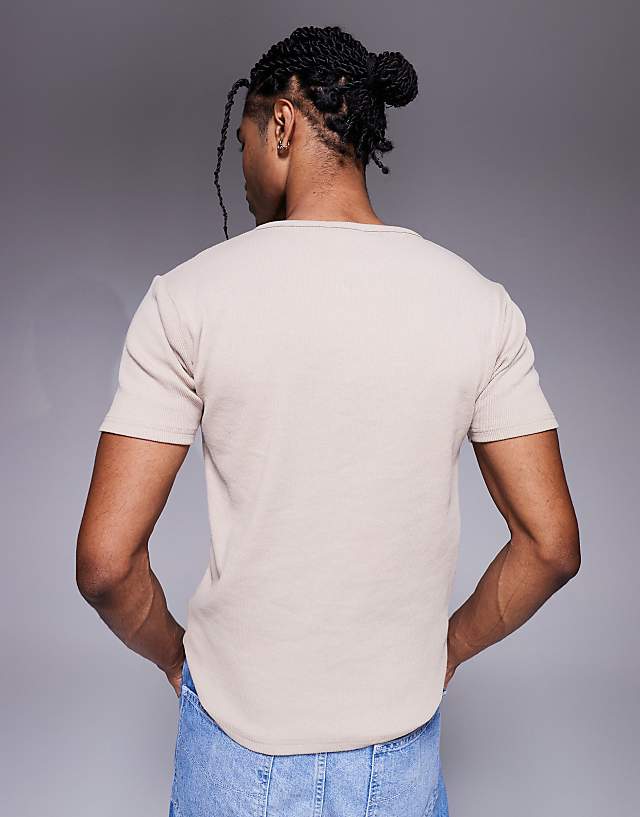 Asos ASOS DESIGN Muscle Fit Rib T-shirt With Henley Neck In Beige