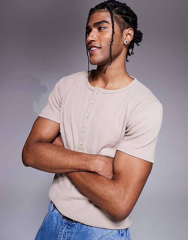 asos ASOS DESIGN muscle fit rib t-shirt with henley neck in beige
