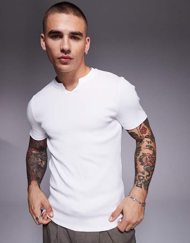 asos ASOS DESIGN muscle fit rib t-shirt with notch neck in white