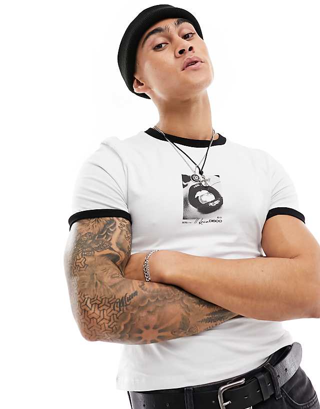 asos ASOS DESIGN muscle-fit ringer t-shirt in white with lips chest print