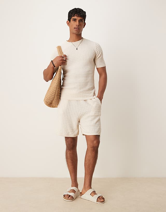 asos ASOS DESIGN muscle fit textured t-shirt and shorts co-ord in cream