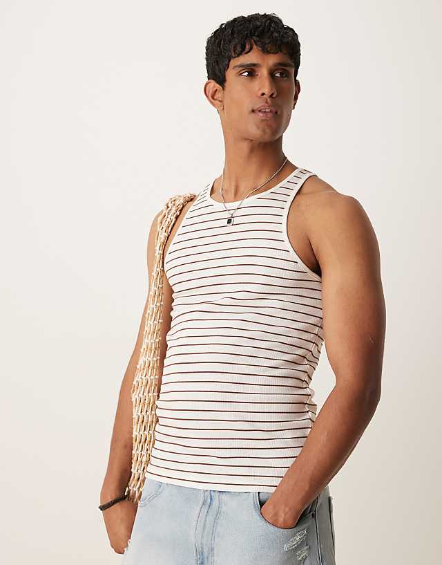 asos ASOS DESIGN muscle fit vest in white and brown stripe