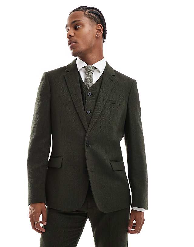 Asos ASOS DESIGN New Skinny Suit In Wool Blend Olive Green Herringbone