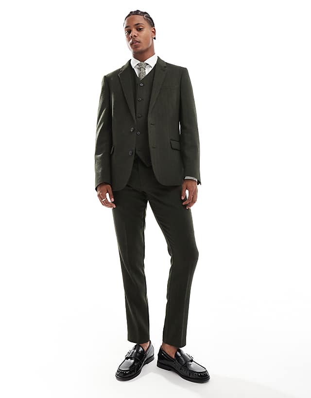 Asos ASOS DESIGN New Skinny Suit In Wool Blend Olive Green Herringbone