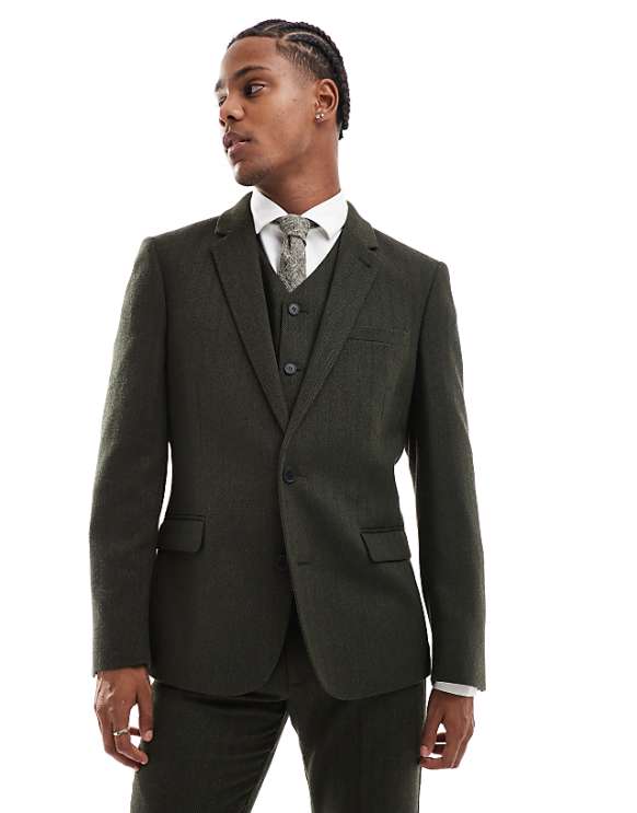 Asos ASOS DESIGN New Skinny Suit In Wool Blend Olive Green Herringbone