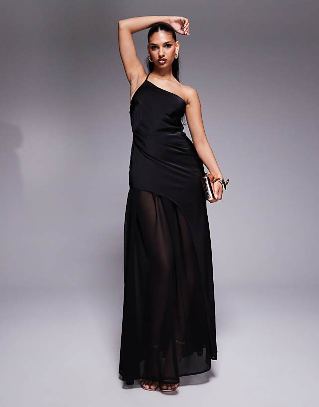 asos ASOS DESIGN one shoulder asymmetric satin & chiffon maxi dress in black