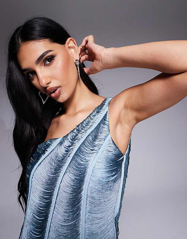 Asos ASOS DESIGN One Shoulder Fringe Draped Mini Dress In Sea Blue