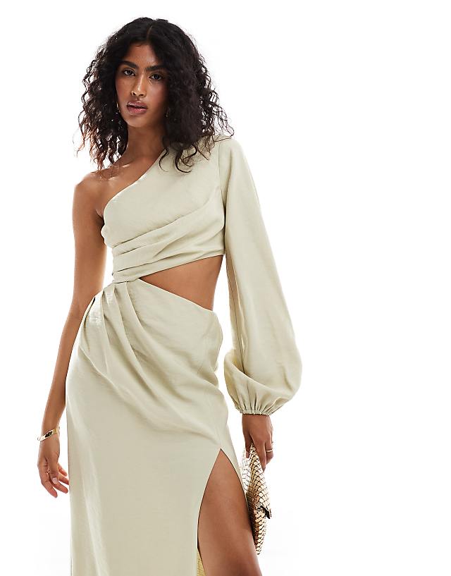 Asos ASOS DESIGN One Shoulder Maxi Dress With Blouson Sleeve And Waist Cut Out In Cream