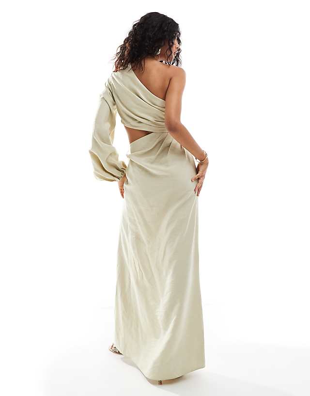 Asos ASOS DESIGN One Shoulder Maxi Dress With Blouson Sleeve And Waist Cut Out In Cream