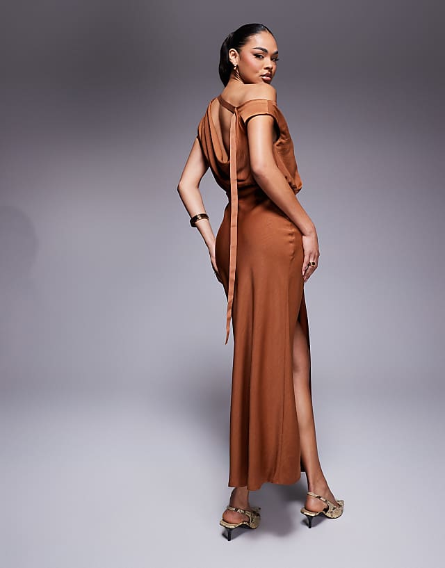 Asos ASOS DESIGN One Shoulder Midi Dress With Cowl Back Grosgrain Detail In Rust