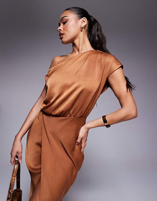 Asos ASOS DESIGN One Shoulder Midi Dress With Cowl Back Grosgrain Detail In Rust
