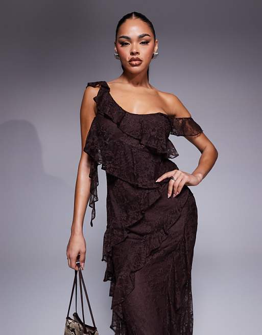 Asos ASOS DESIGN One Shoulder Mixed Lace Ruffle Midaxi Dress In Chocolate Brown