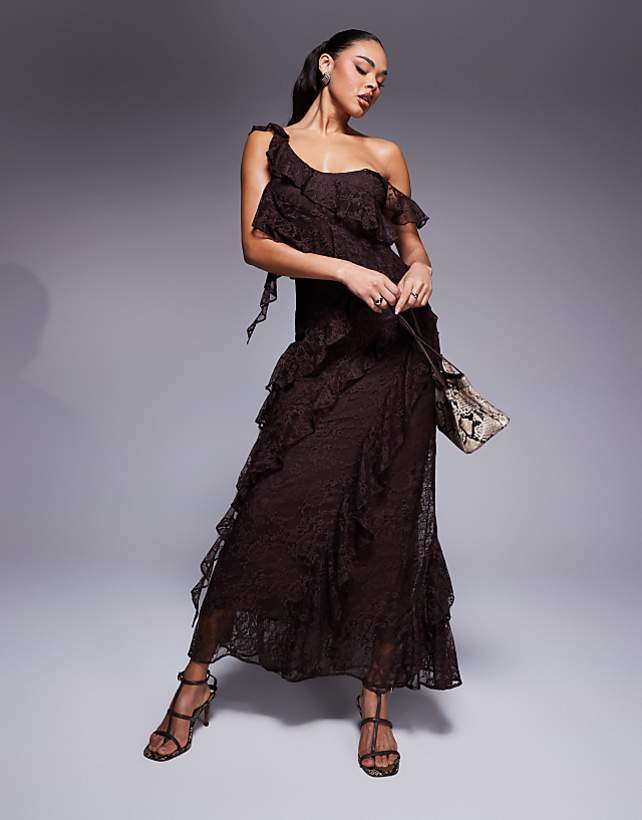asos ASOS DESIGN one shoulder mixed lace ruffle midaxi dress in chocolate brown
