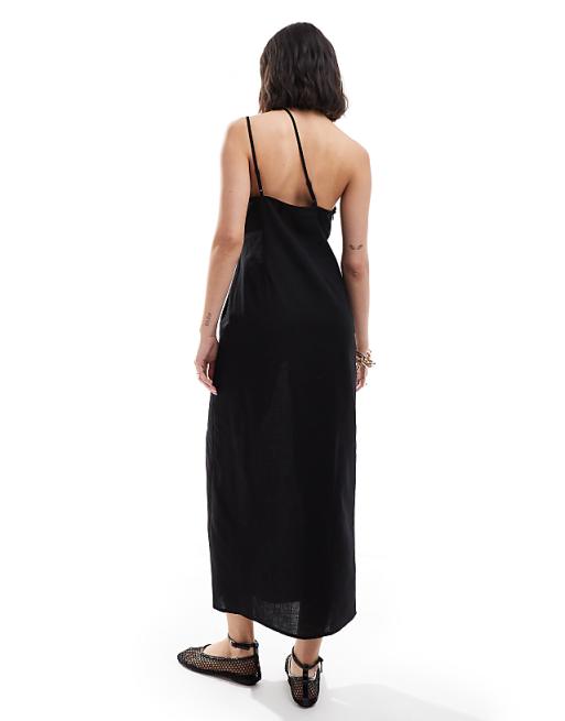 Asos ASOS DESIGN One Shoulder Split Strap Linen Midi Sundress In Black