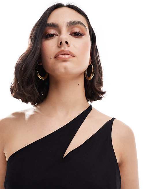 Asos ASOS DESIGN One Shoulder Split Strap Linen Midi Sundress In Black