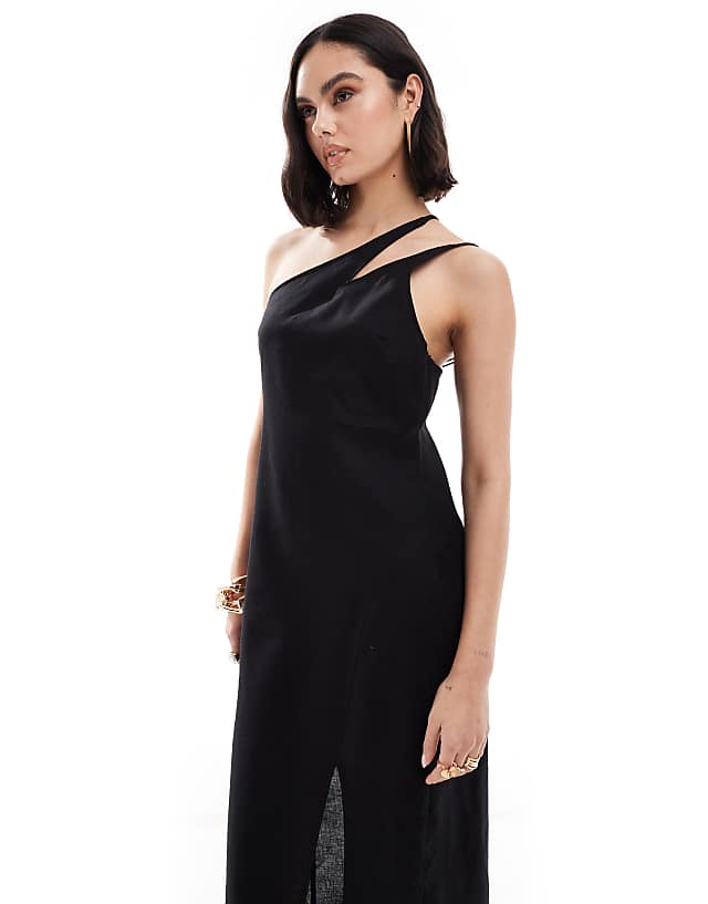 Asos ASOS DESIGN One Shoulder Split Strap Linen Midi Sundress In Black