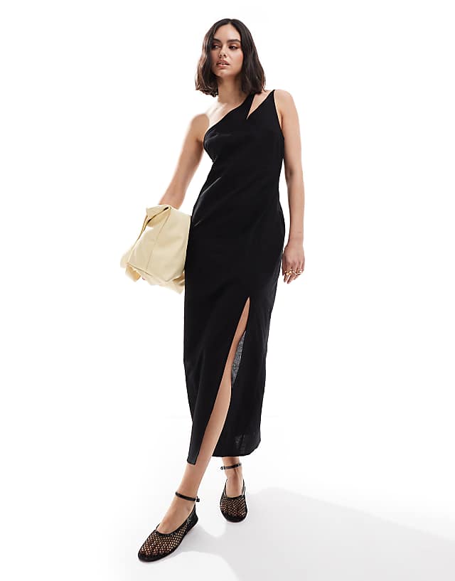 asos ASOS DESIGN one shoulder split strap linen midi sundress in black