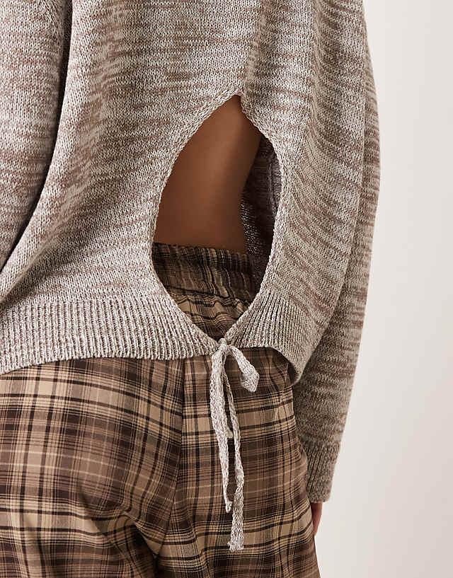 Asos ASOS DESIGN Open Back Crew Neck Knit Jumper With Twisted Yarn In Brown