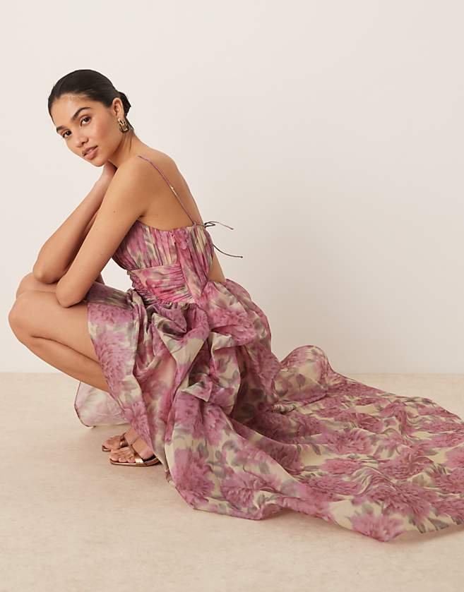 Asos ASOS DESIGN Organdie Maxi Dress With Manipulated Skirt And High-low Hem In Pink Floral Print