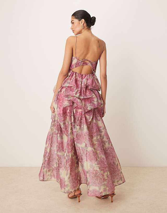 Asos ASOS DESIGN Organdie Maxi Dress With Manipulated Skirt And High-low Hem In Pink Floral Print