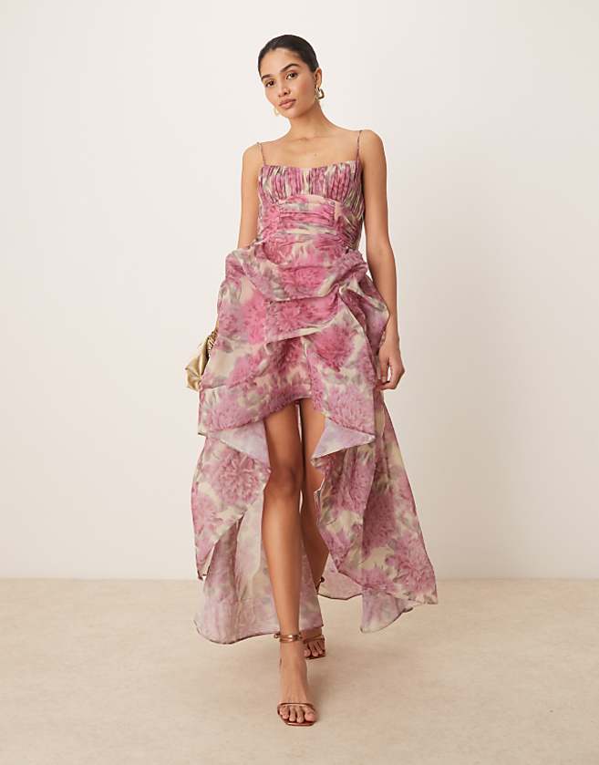 asos ASOS DESIGN organdie maxi dress with manipulated skirt and high-low hem in pink floral print